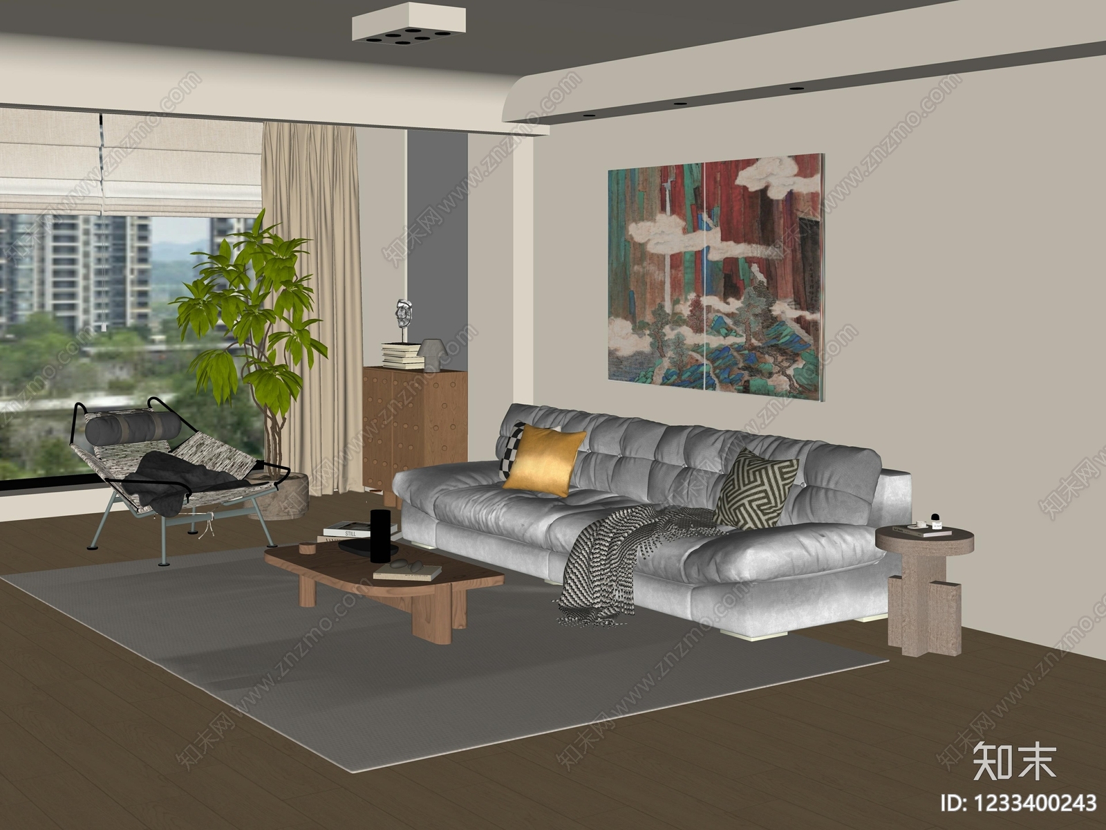 奶油风家居客厅SU模型下载【ID:1233400243】