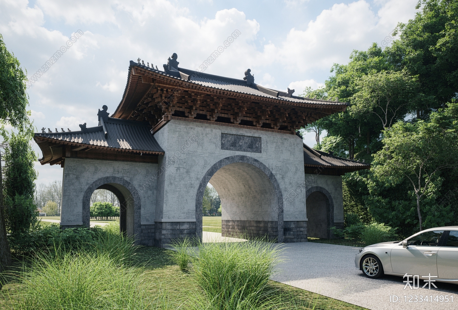 中式古建入口大门SU模型下载【ID:1233414951】