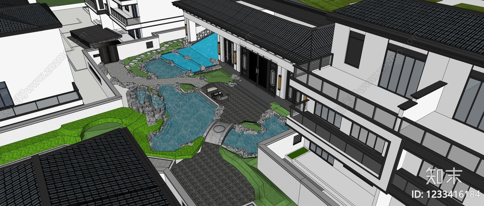 新中式景观小区景观SU模型下载【ID:1233416184】