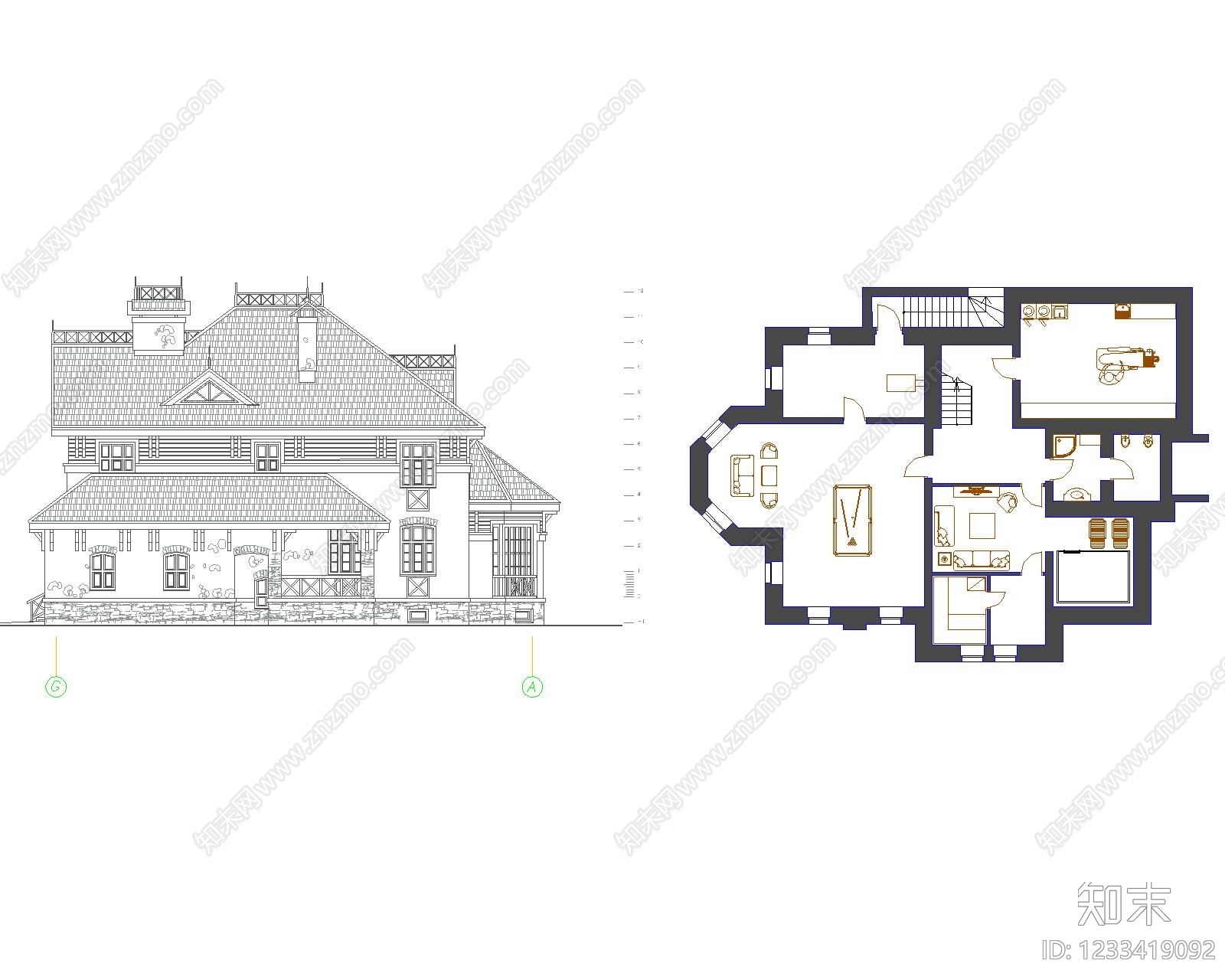 别墅建筑cad施工图下载【ID:1233419092】