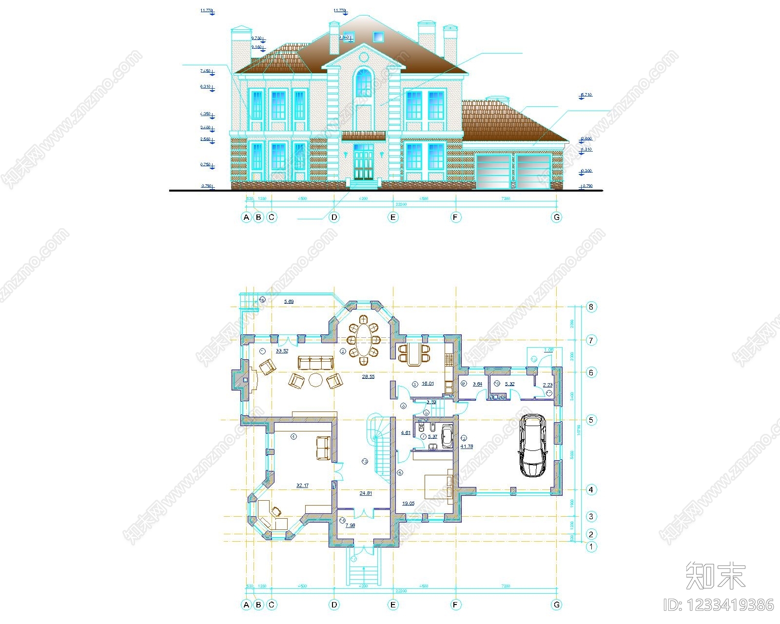 别墅建筑cad施工图下载【ID:1233419386】