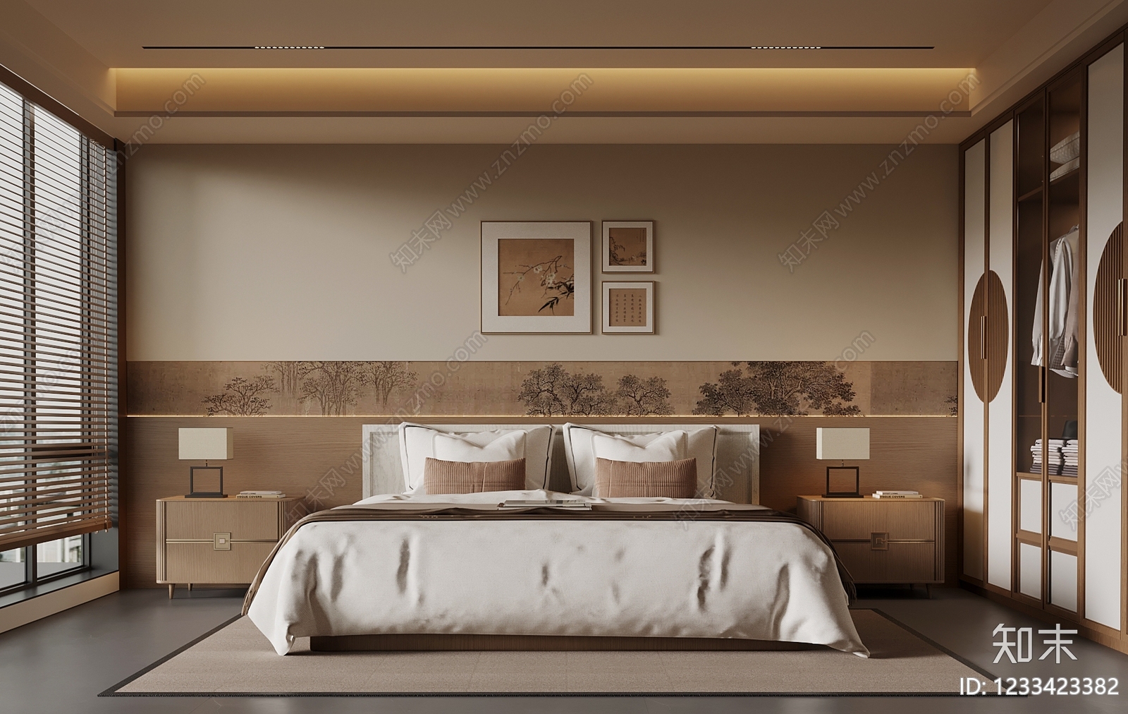 新中式主卧SU模型下载【ID:1233423382】