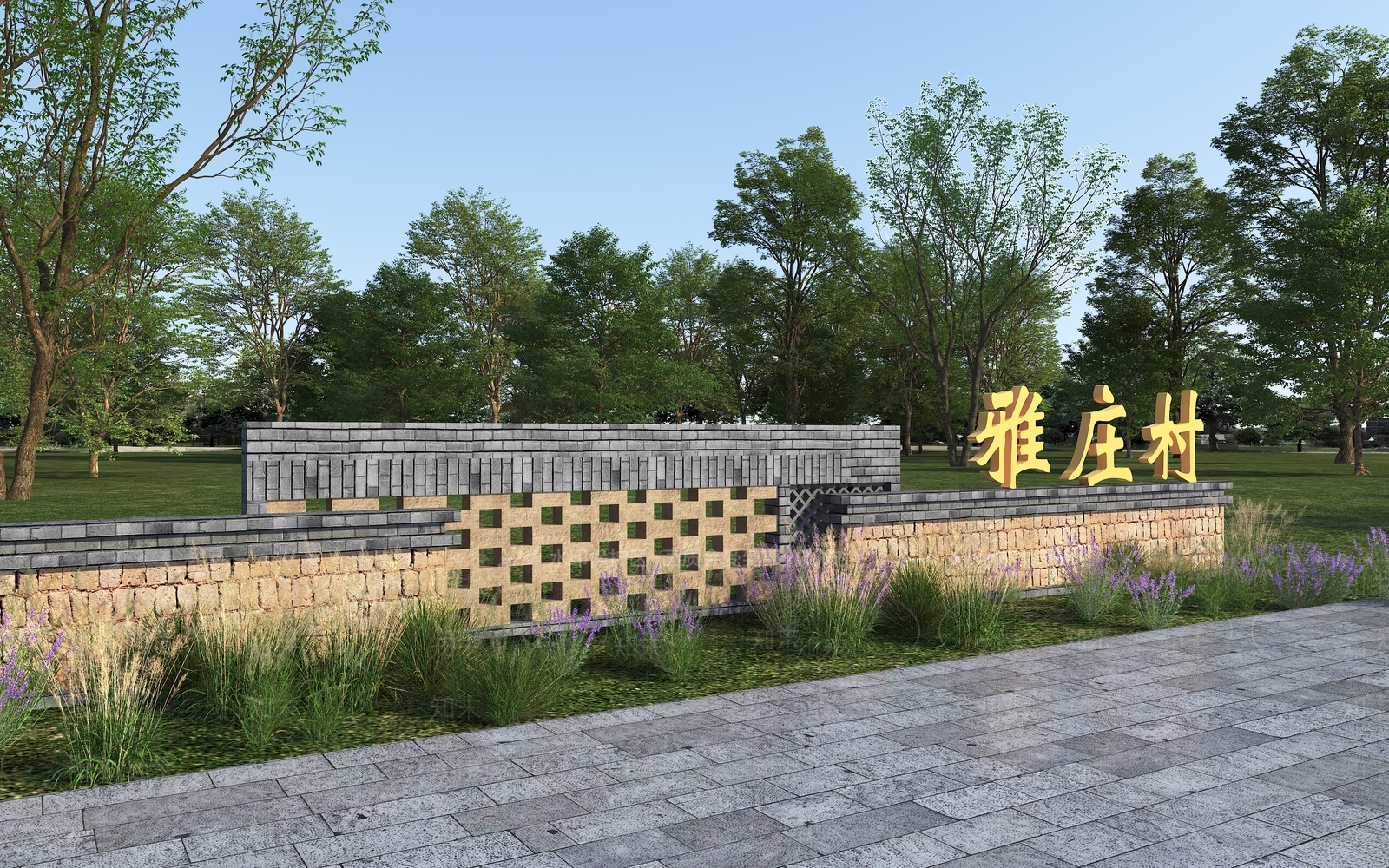 新中式景观景墙3D模型渲染效果图