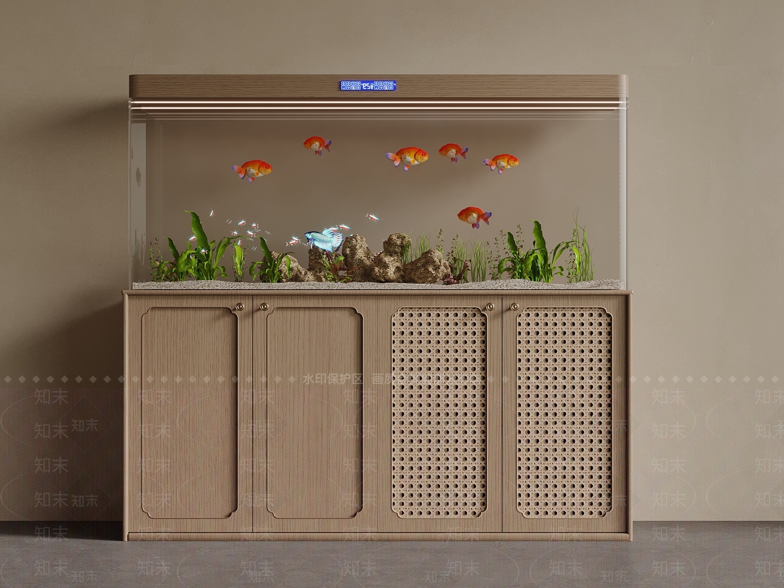 原木风鱼缸3D模型渲染效果图