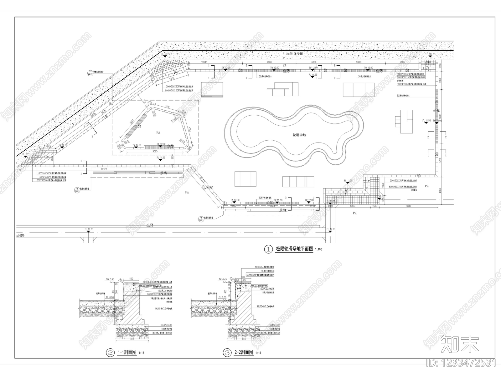 7套极限运动场滑板场轮滑场地体育公园节点详图施工图cad施工图下载【ID:1233472531】