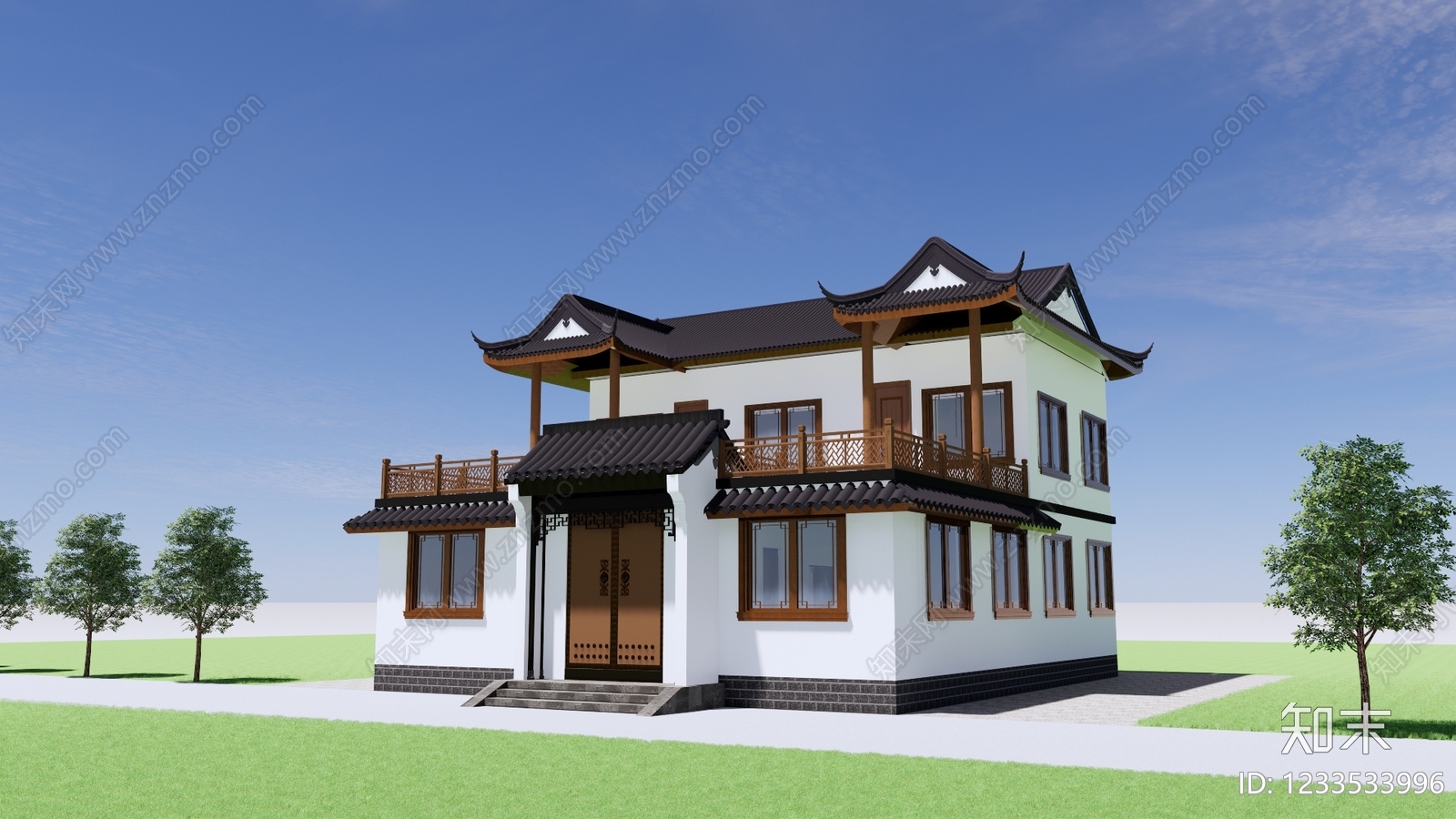 新中式独栋别墅SU模型下载【ID:1233533996】