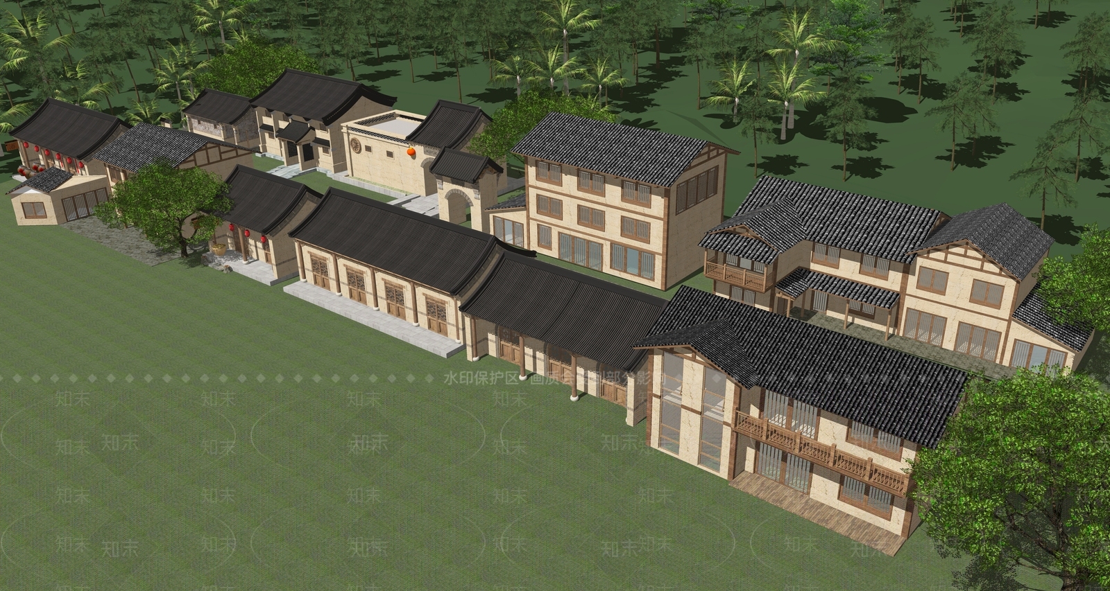 中式民宿建筑SU模型下载【ID:1233643517】