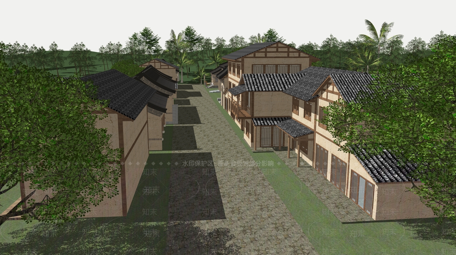 中式民宿建筑SU模型下载【ID:1233643517】
