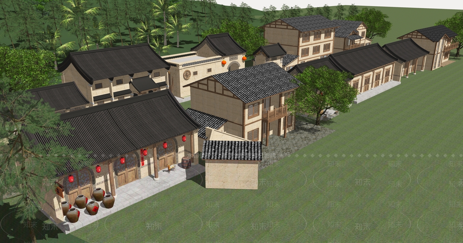 中式民宿建筑SU模型下载【ID:1233643517】