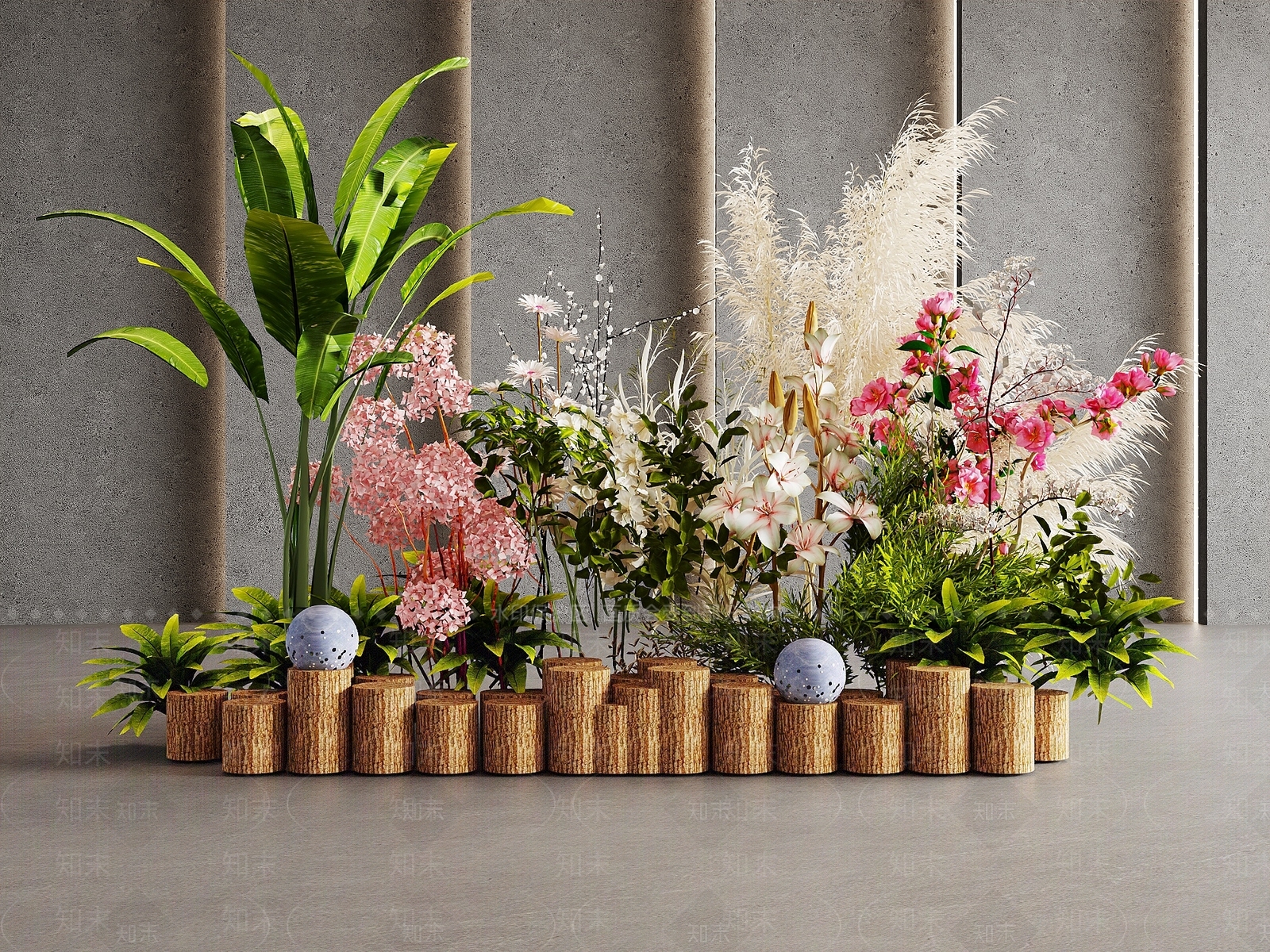 现代花草组合3D模型渲染效果图