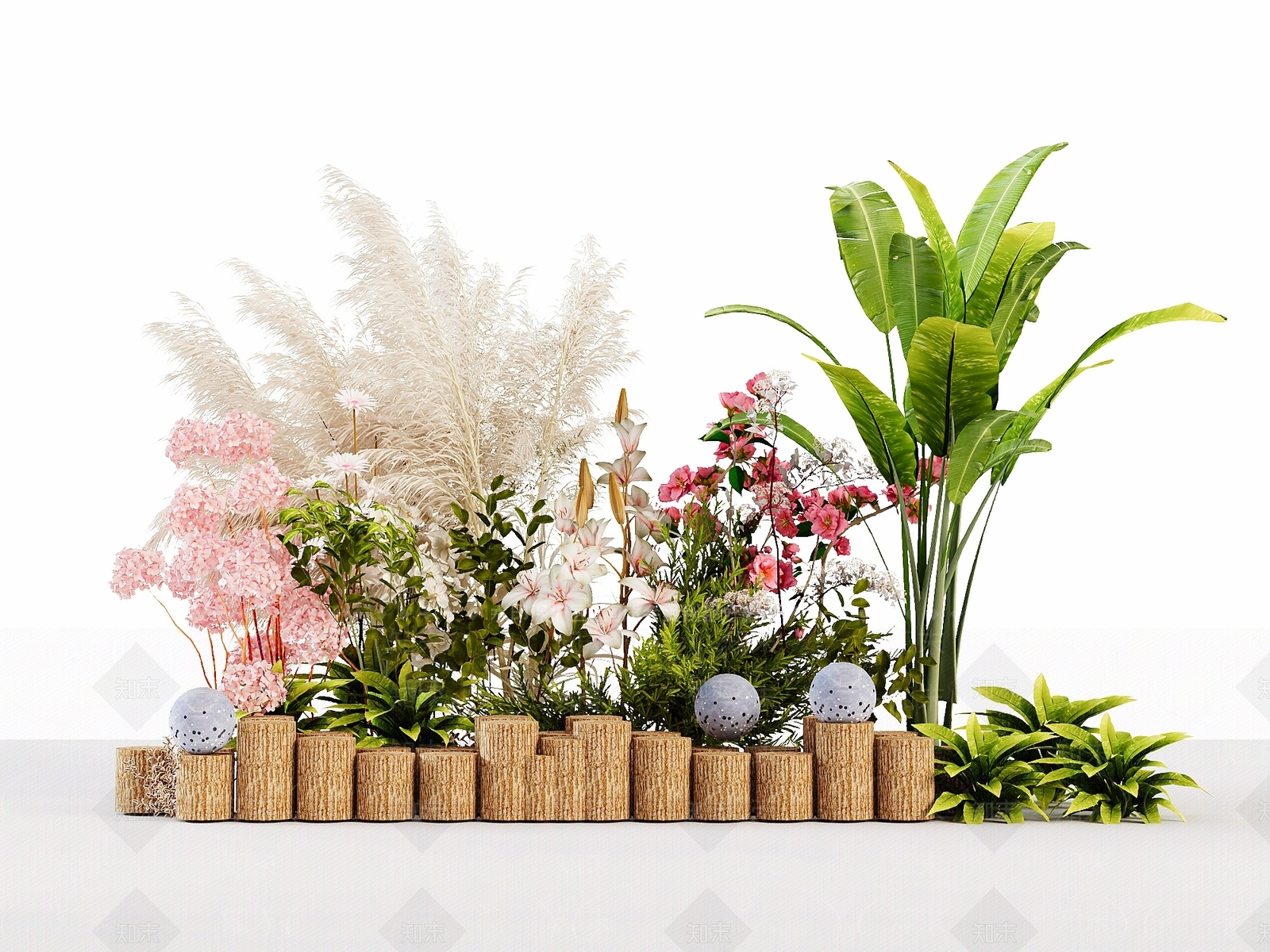 原木风花草组合3D模型渲染效果图