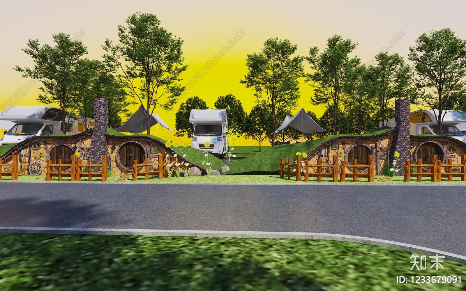 田园房车营地3D模型渲染效果图