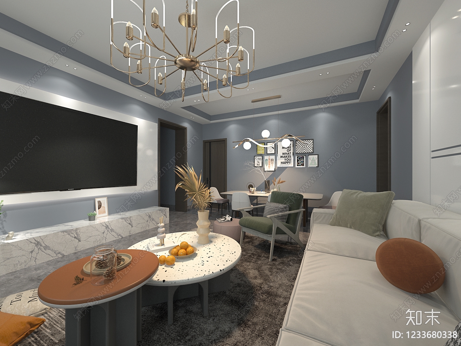 轻奢别墅客餐厅3D模型下载【ID:1233680338】