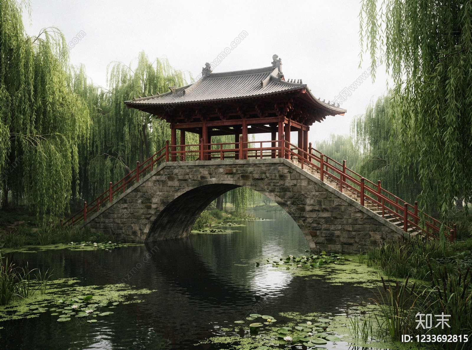 中式古建景观桥3D模型渲染效果图