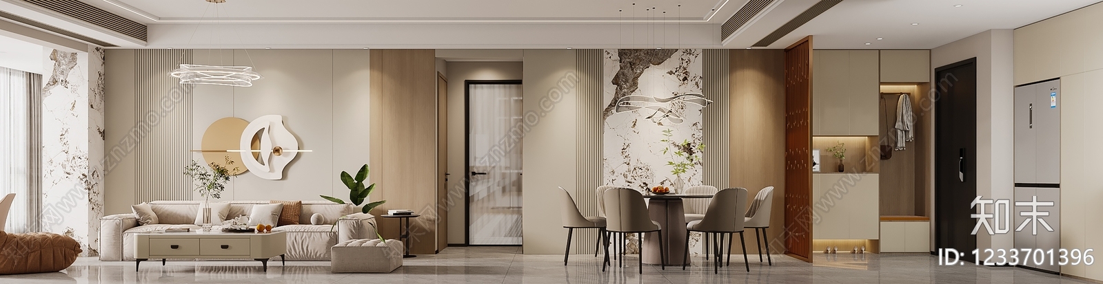 现代简约大平层客餐厅3D模型下载【ID:1233701396】