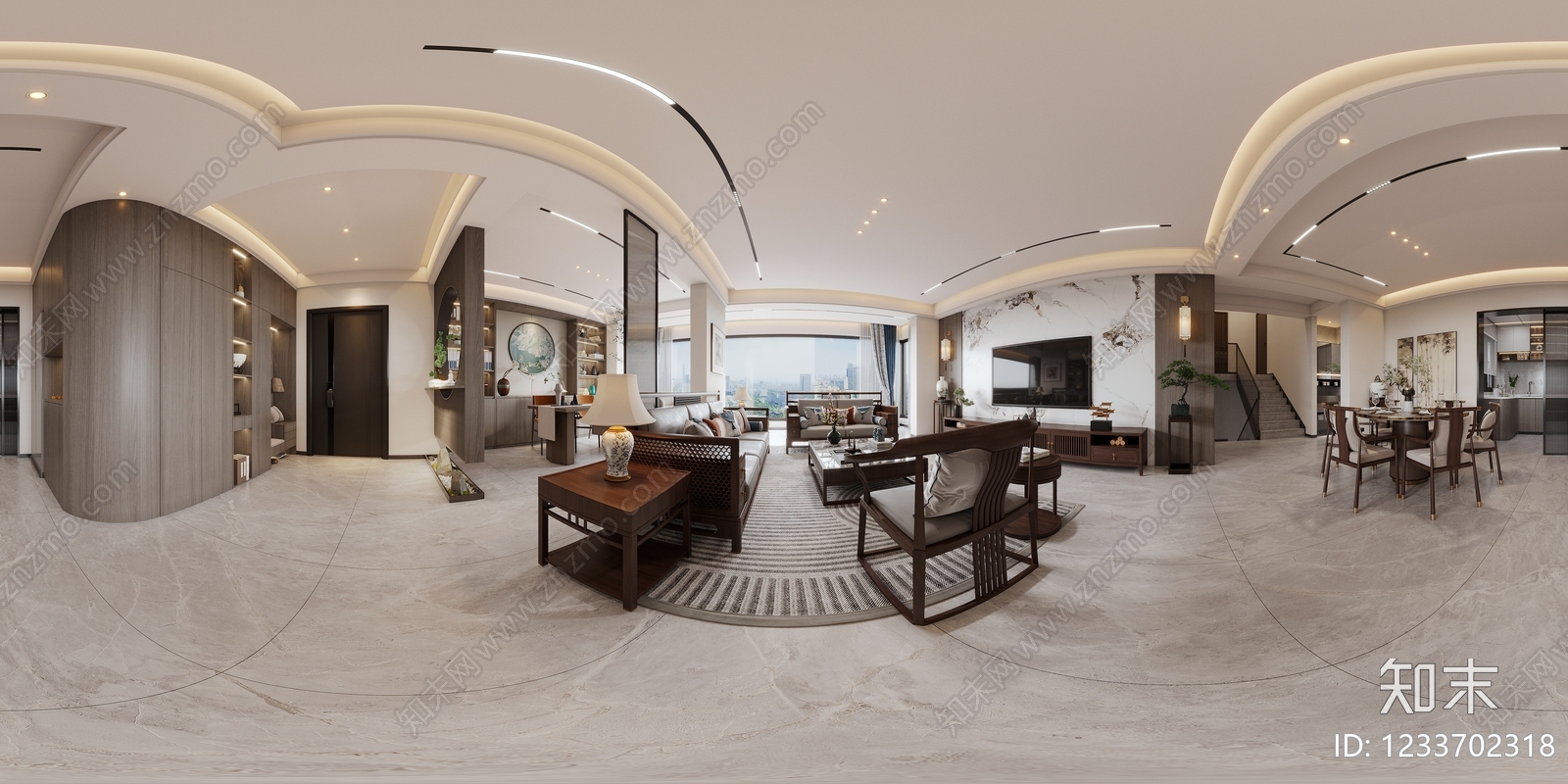 新中式大平层客餐厅3D模型下载【ID:1233702318】