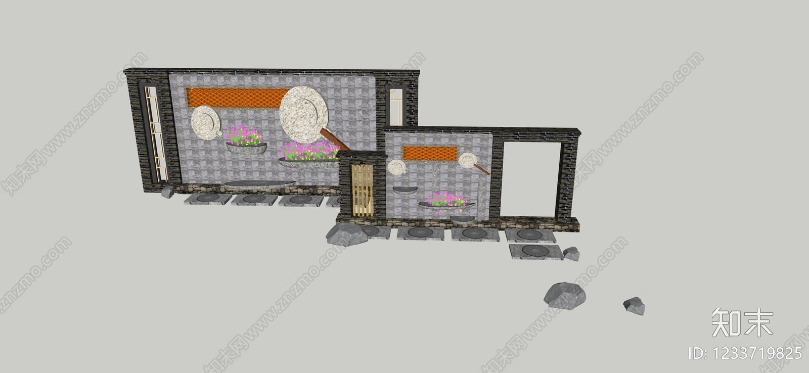 新中式景观景墙SU模型下载【ID:1233719825】