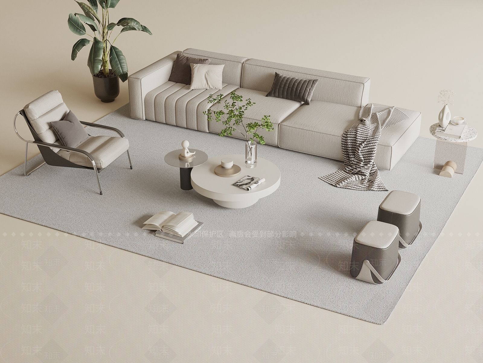 奶油风三人沙发3D模型下载【ID:1233736170】