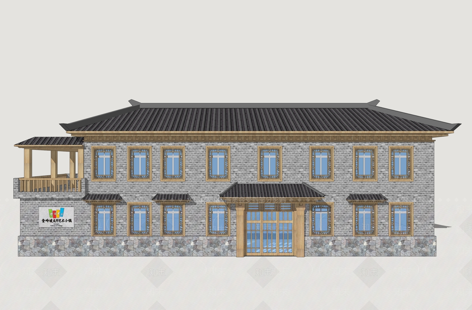 新中式民宿建筑SU模型下载【ID:1233741623】