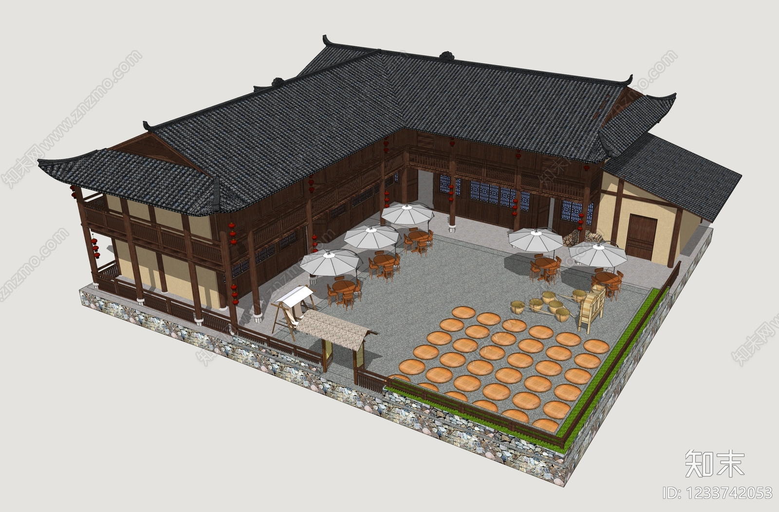 中式古建民宿建筑SU模型下载【ID:1233742053】
