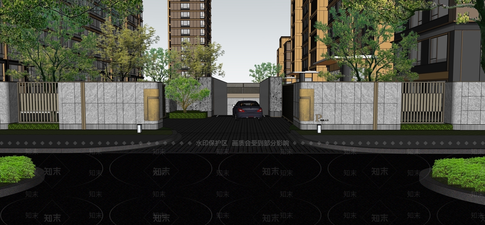 新中式景观停车空间SU模型下载【ID:1233750335】
