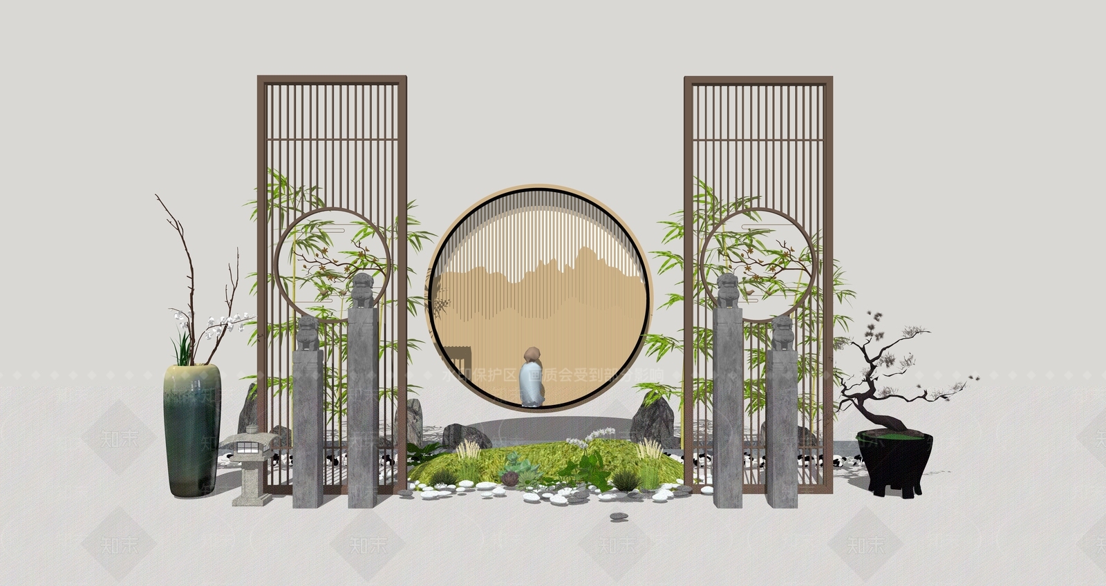新中式景观景墙SU模型下载【ID:1233751580】