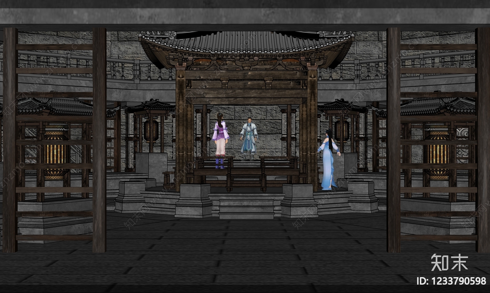 中式古建古建筑SU模型下载【ID:1233790598】