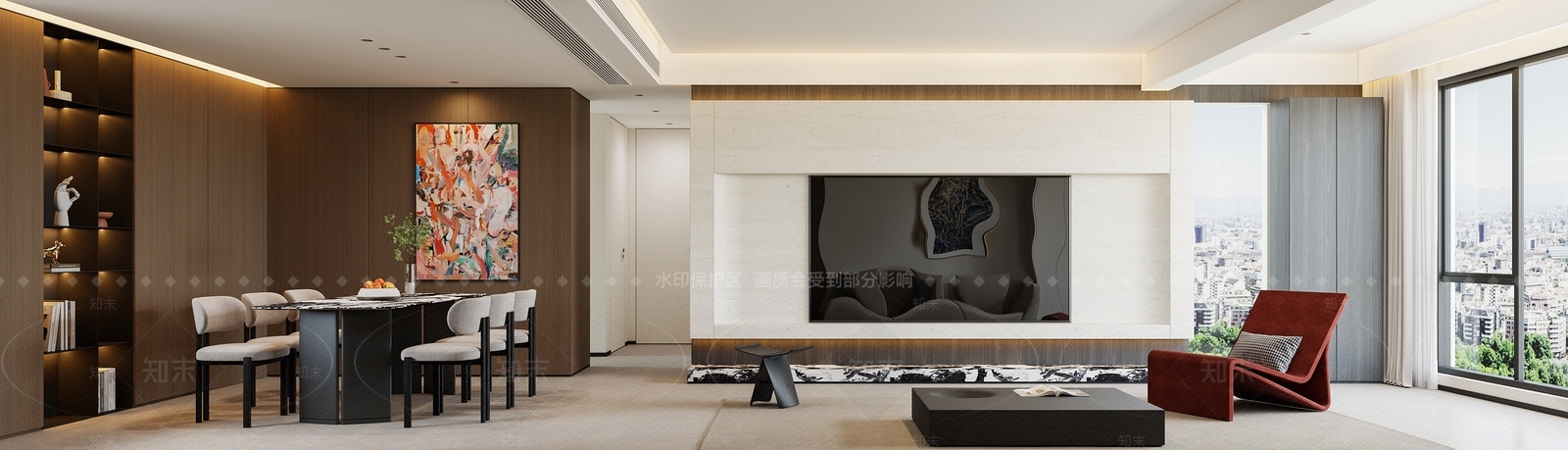 现代简约大平层客餐厅3D模型下载【ID:1233794705】