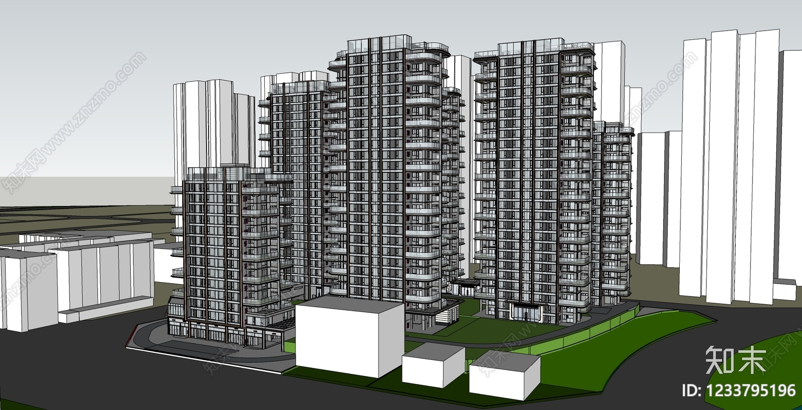 现代主义小高层住宅楼SU模型下载【ID:1233795196】