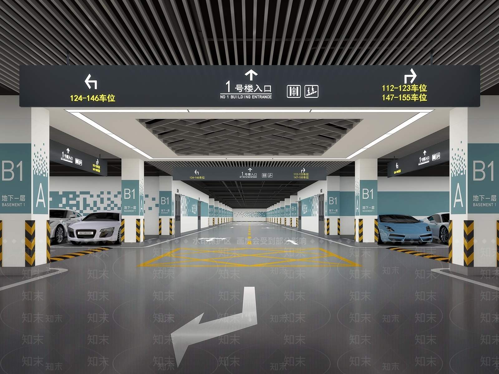 现代简约室内停车场3D模型渲染效果图