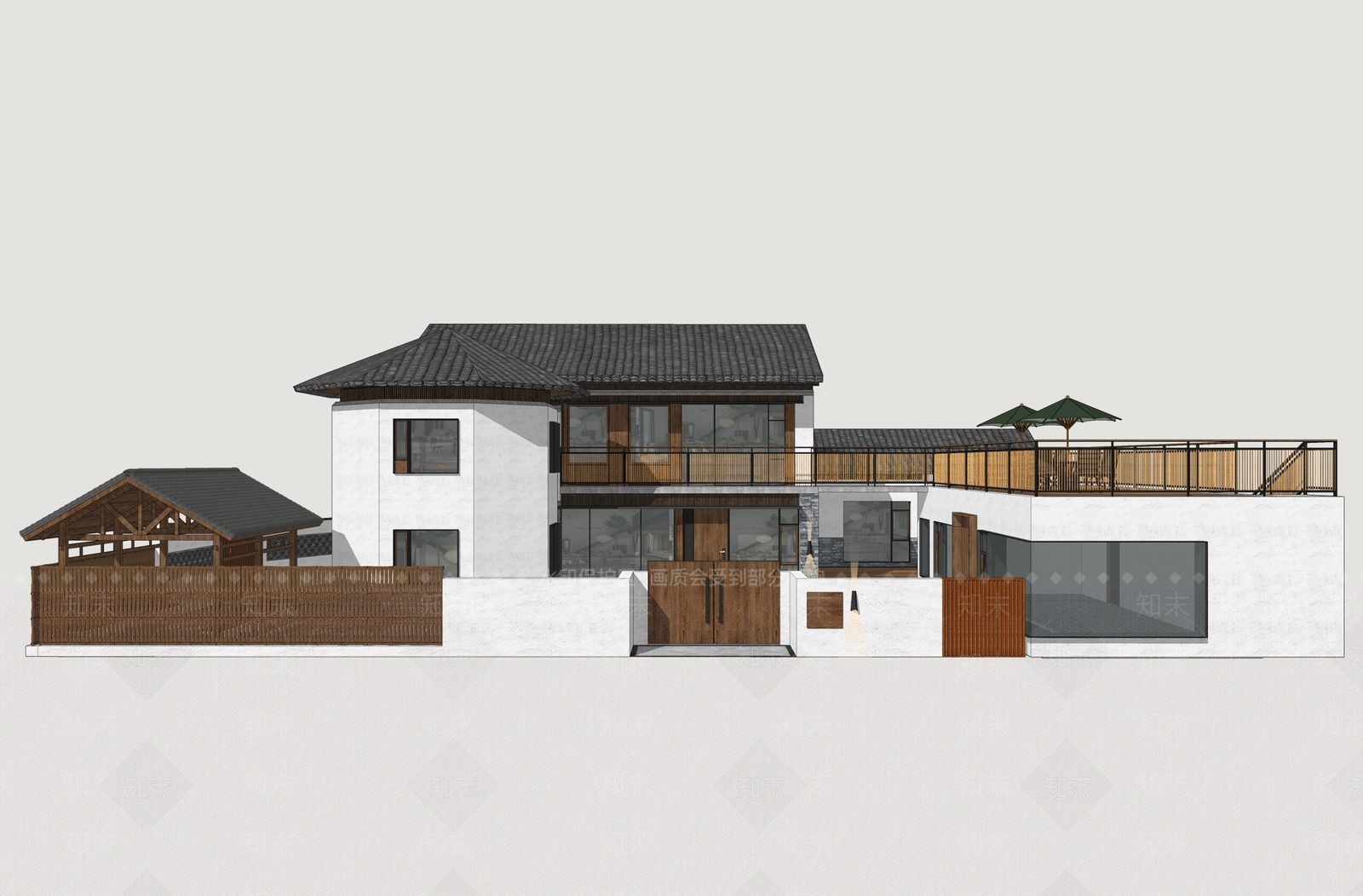 新中式民宿建筑SU模型下载【ID:1233817848】