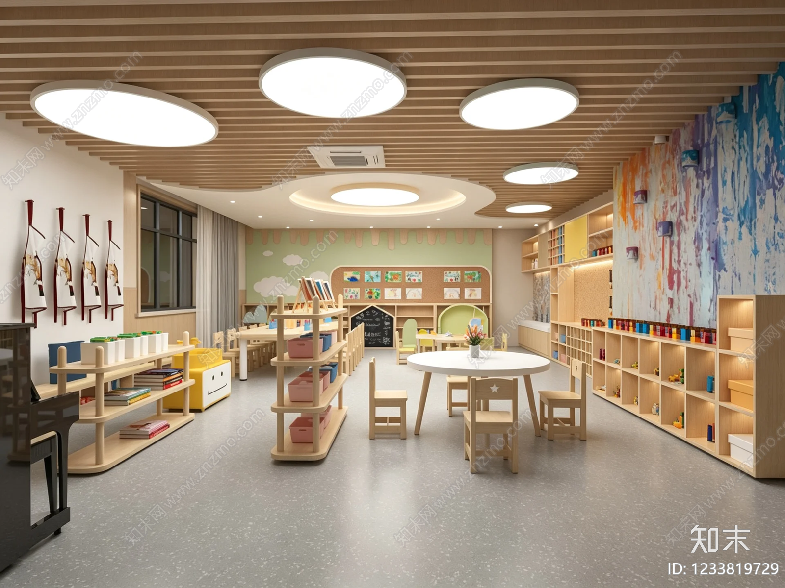 原木风幼儿园3D模型渲染效果图