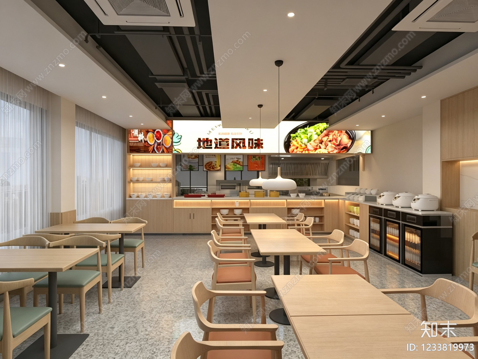 原木风餐饮空间3D模型渲染效果图