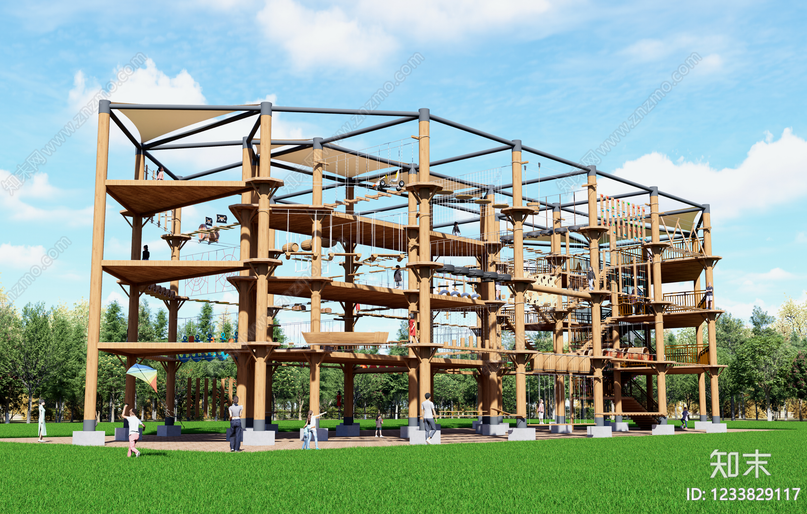 原木风文体建筑3D模型渲染效果图