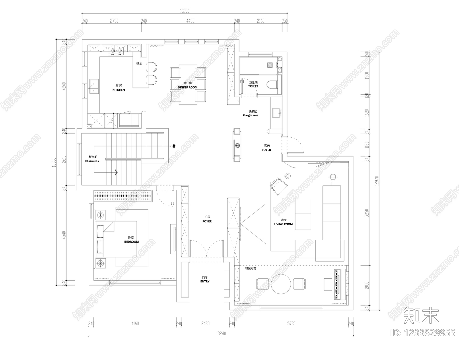小户型平层cad施工图下载【ID:1233829955】