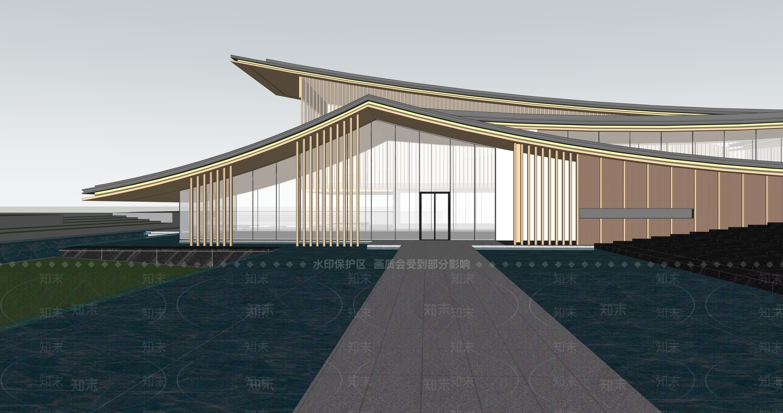 新中式景观售楼处建筑SU模型下载【ID:1233844306】