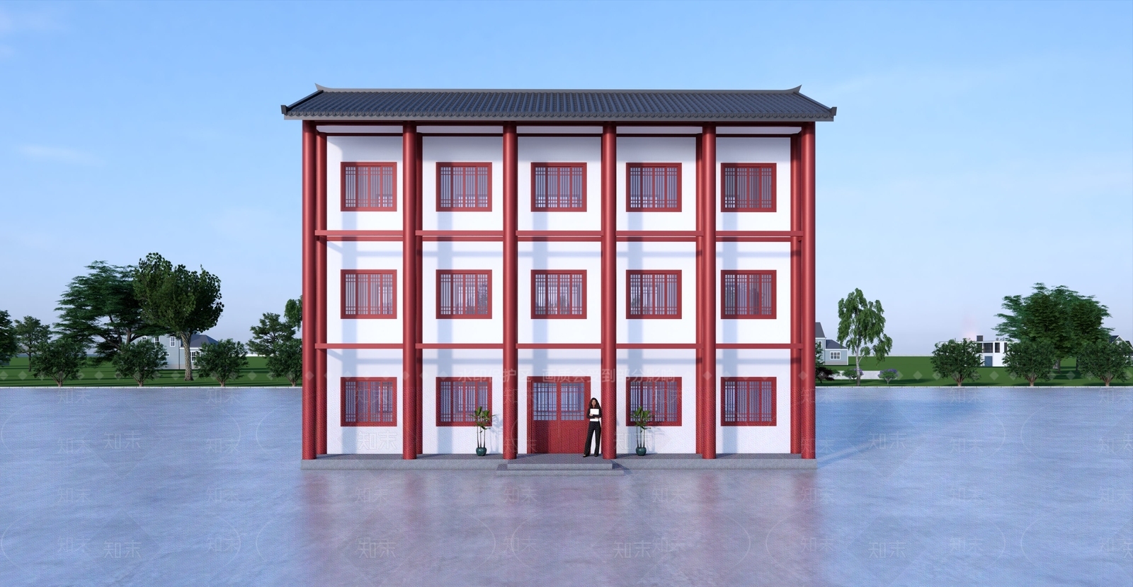 新中式风格建筑SU模型下载【ID:1233879862】