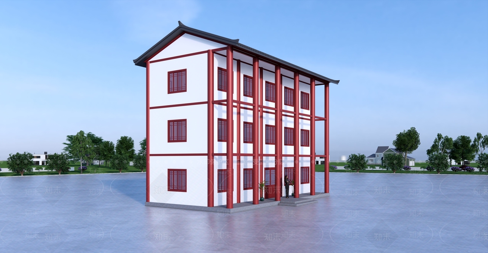 新中式风格建筑SU模型下载【ID:1233879862】