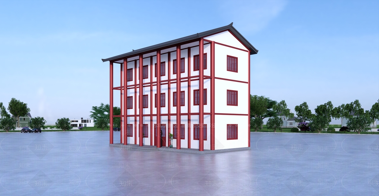 新中式风格建筑SU模型下载【ID:1233879862】