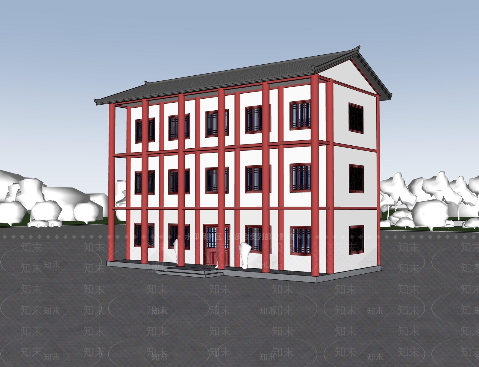 新中式风格建筑SU模型下载【ID:1233879862】