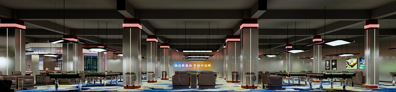 现代台球室3D模型渲染效果图