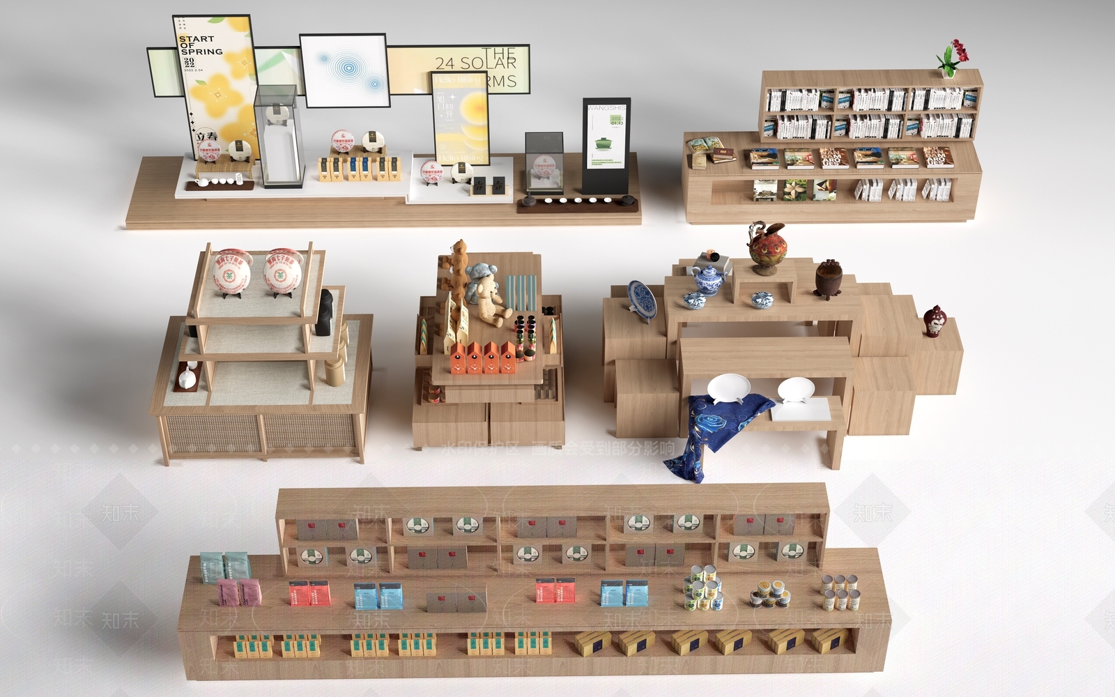 原木风礼品堆头3D模型渲染效果图