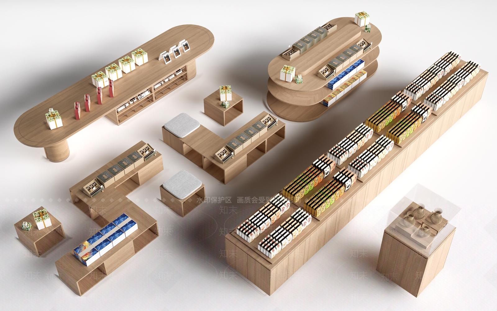 原木风货架3D模型渲染效果图