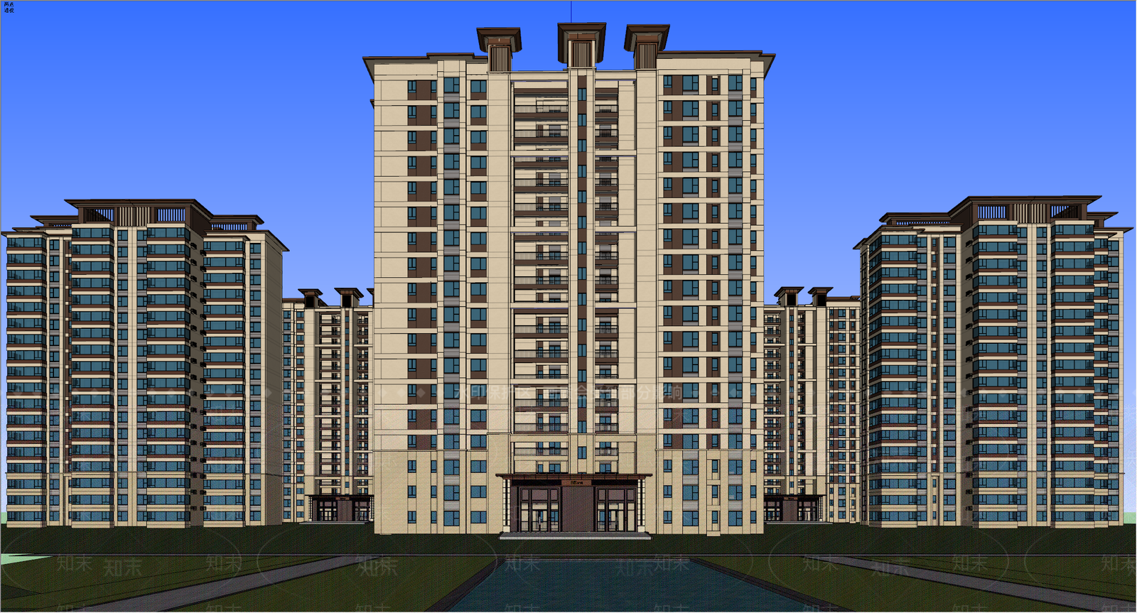 新中式景观小区建筑SU模型下载【ID:1233909450】