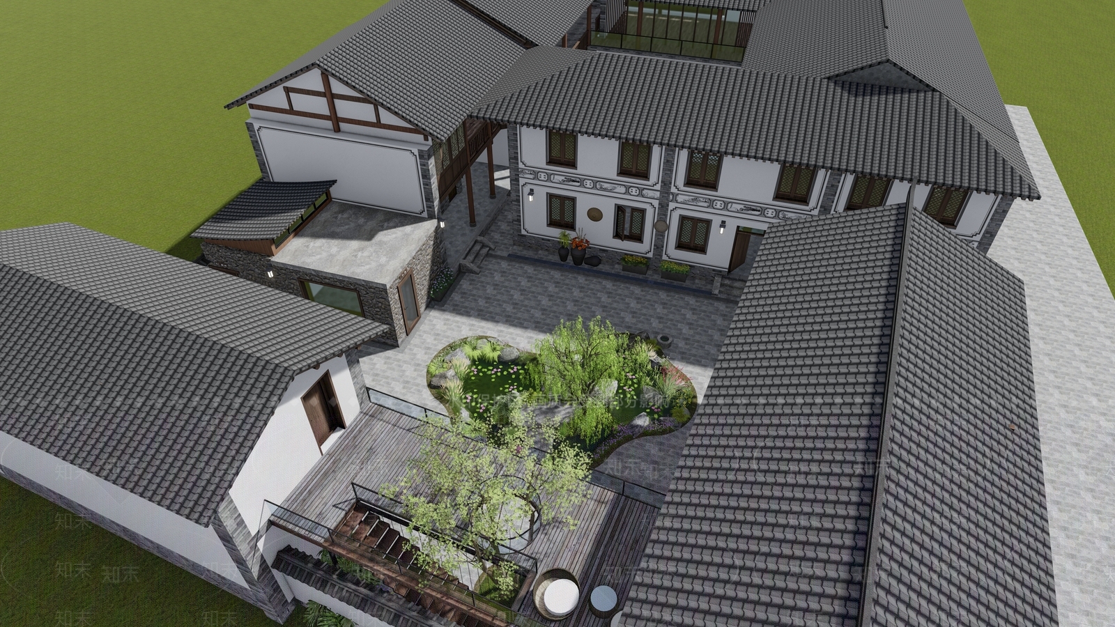 新中式景观民宿建筑SU模型下载【ID:1233917708】