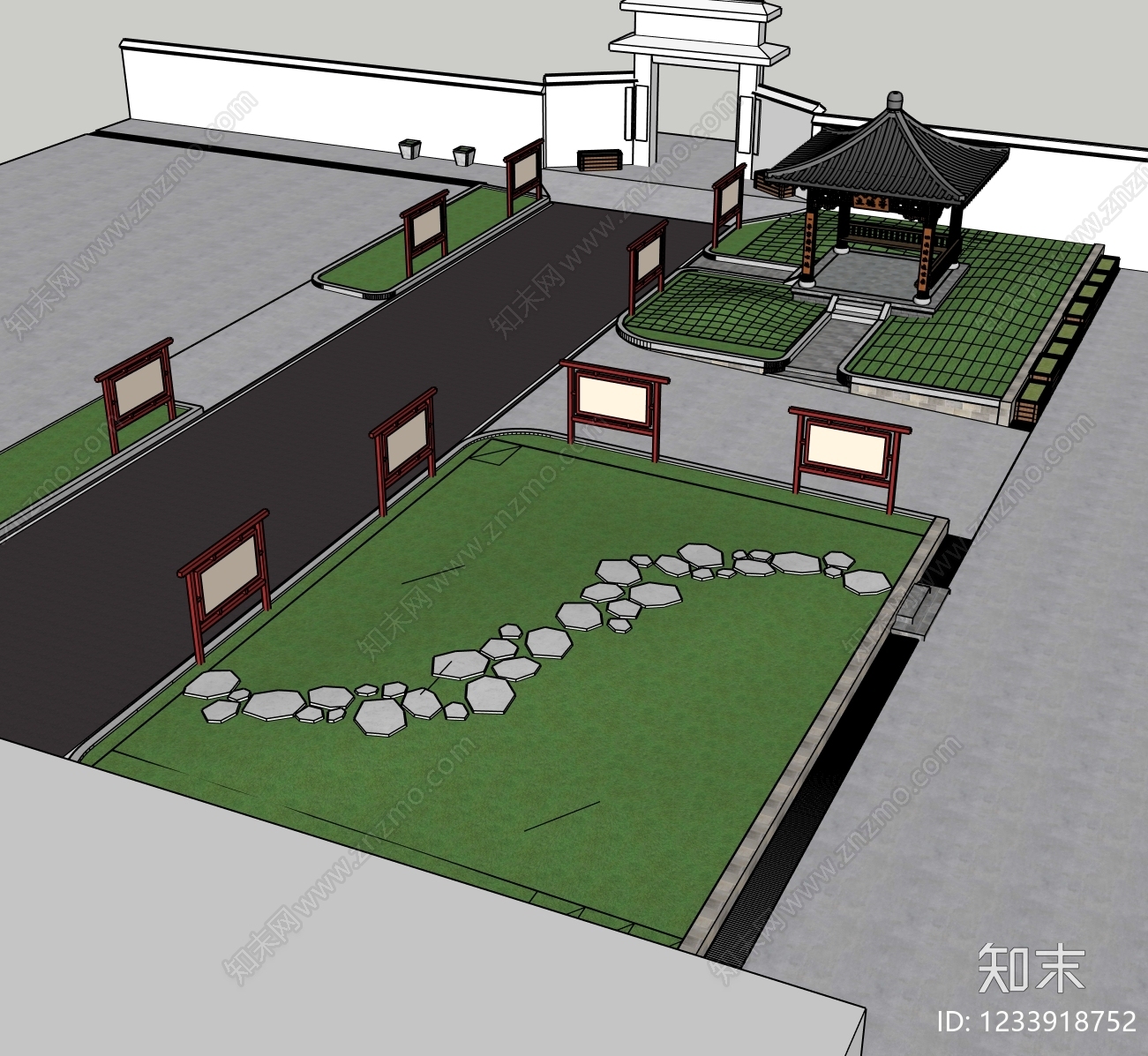新中式景观口袋公园SU模型下载【ID:1233918752】