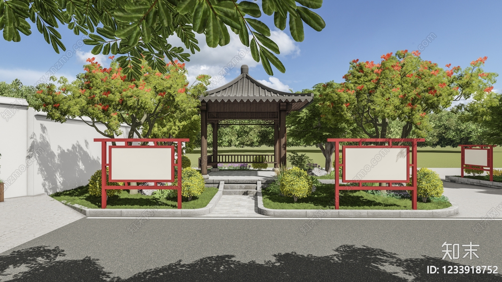 新中式景观口袋公园SU模型下载【ID:1233918752】