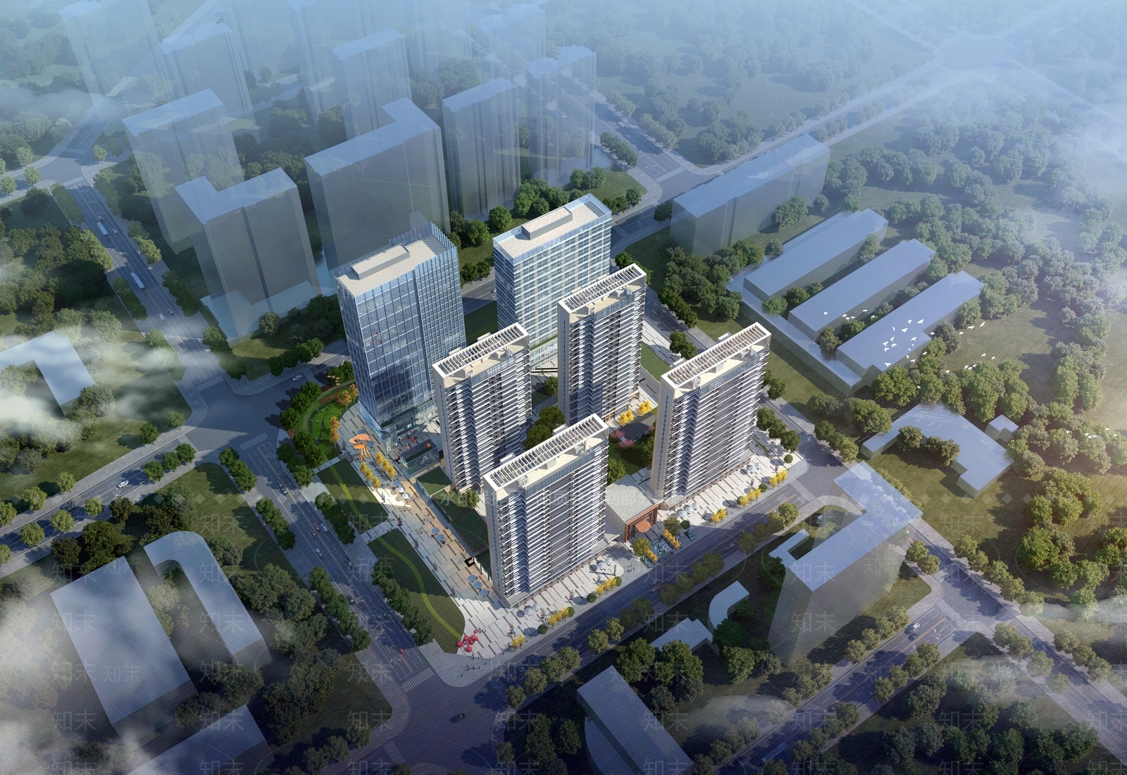 现代主义商业综合体景观SU模型下载【ID:1233921236】