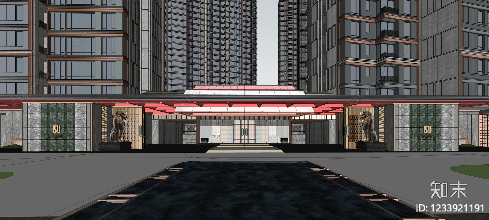 新中式景观小区建筑SU模型下载【ID:1233921191】