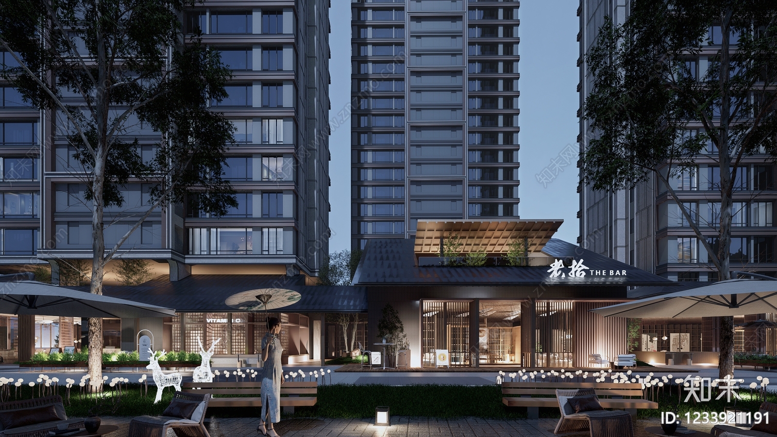 新中式景观小区建筑SU模型下载【ID:1233921191】